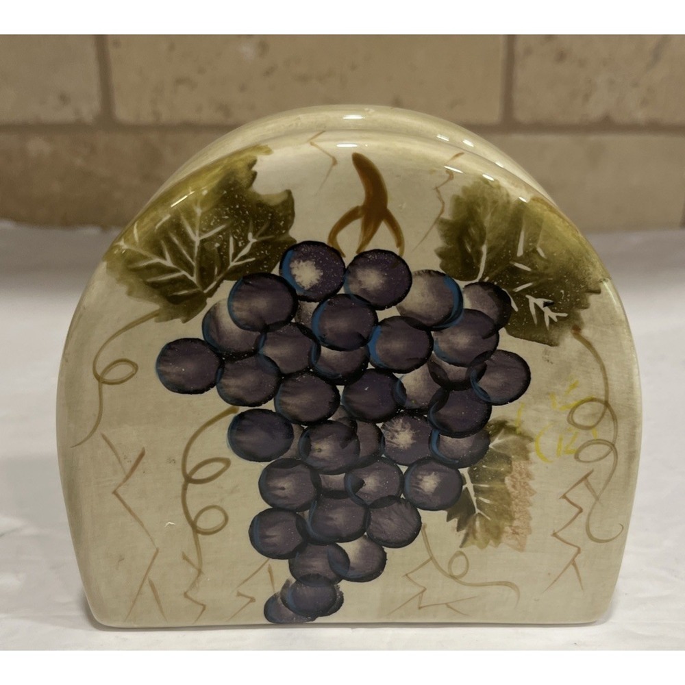 Tabletops Unlimited Hand‎ Painted Cabernet Napkin Holder Ceramic Grapes